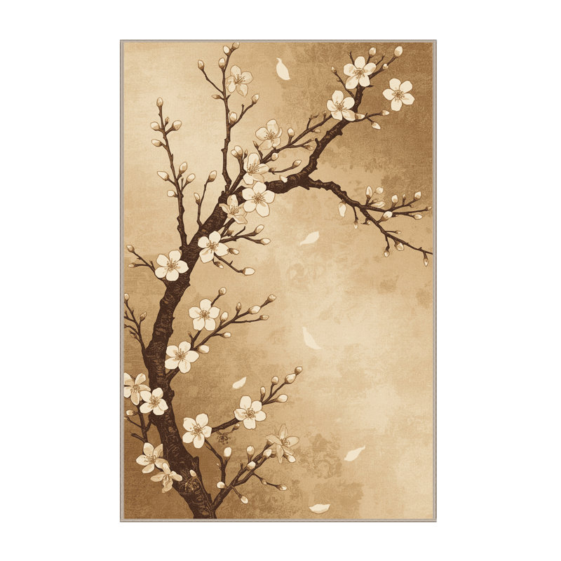 Tapis floral traditionnel cerisier en fleurs lavable à la machine - Reliure beige, 2 pi x 3 pi