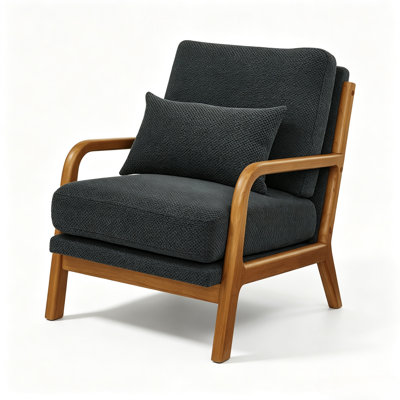 26"W Farmhouse Solid Wood Accent Lounge Chair/Arm Chair with Throw Pillow（Dark Gray）