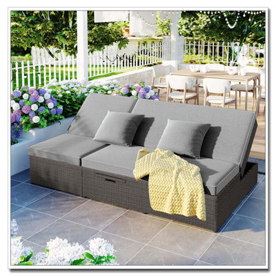 Outdoor Double Sunbed, Wicker Rattan Patio Reclining Chairs with Adjustable Backrest and Seat