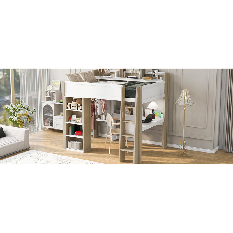 Lit mezzanine double en blanc et naturel, avec tablettes de rangement et bureau intégré, pratique et moderne - conçu avec des tablettes, une tringle à vêtements, un espace d'étude, une construction