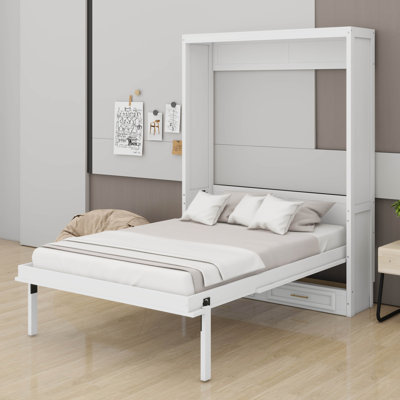 Lit escamotable double avec 2 tiroirs, armoire murale compacte avec rangement
