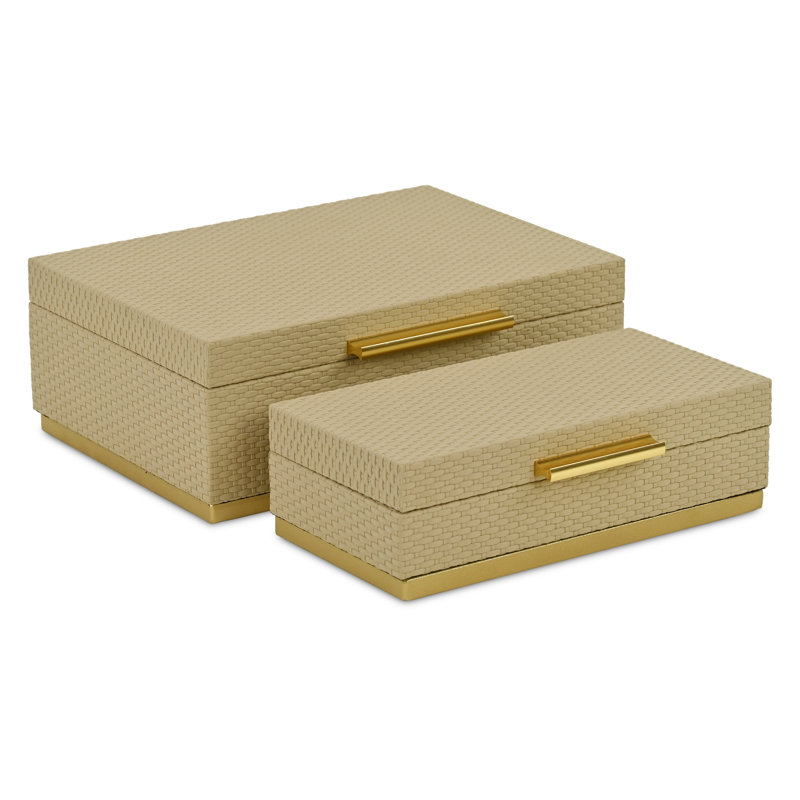 Ensemble de boîtes rectangulaires à motif tissé Tamsin avec quincaillerie dorée, Beige