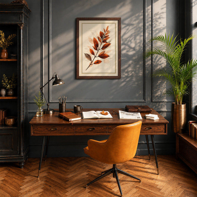 Autumn Branch Botanical - Framed Print, A4 - 29.7 x 21.0 cm, Walnut