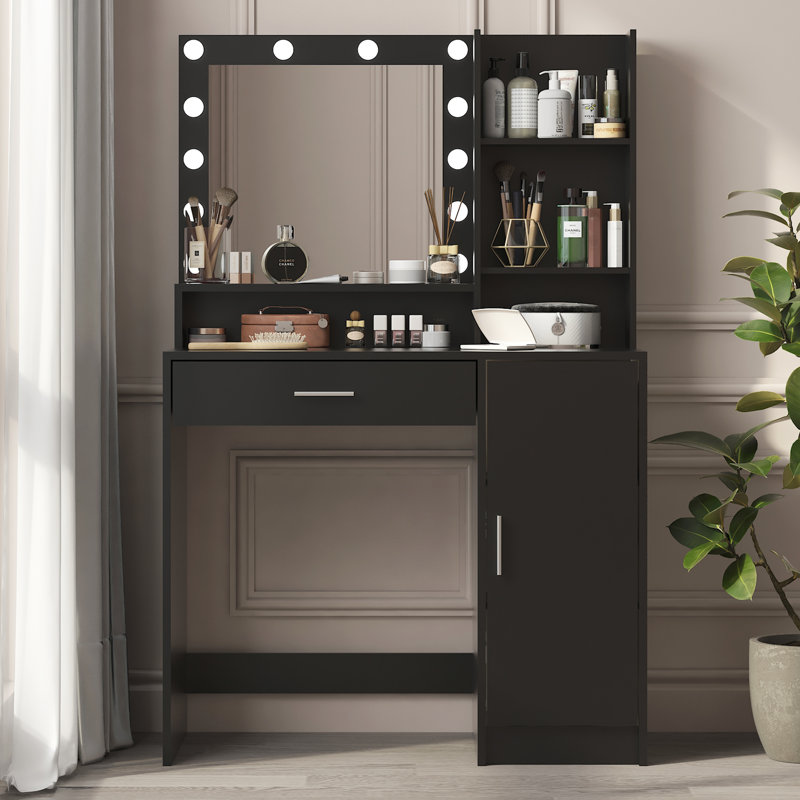 Coiffeuse de maquillage avec 3 modes d'éclairage, luminosité réglable, coiffeuse noire, Noir