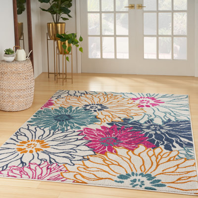 Tapis floral en polypropylène tissé à la machine beige / orange / bleu