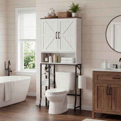 Au-dessus de la toilette, armoire de salle de bain de ferme de 31 po de largeur avec portes de grange et tablettes réglables, organisateur de salle de bain en bois avec porte-papier hygiénique, économiseur d'espace, blanc
