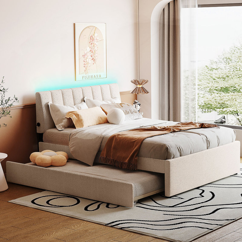 Lit plateforme tapissier Teddy, Beige, Double