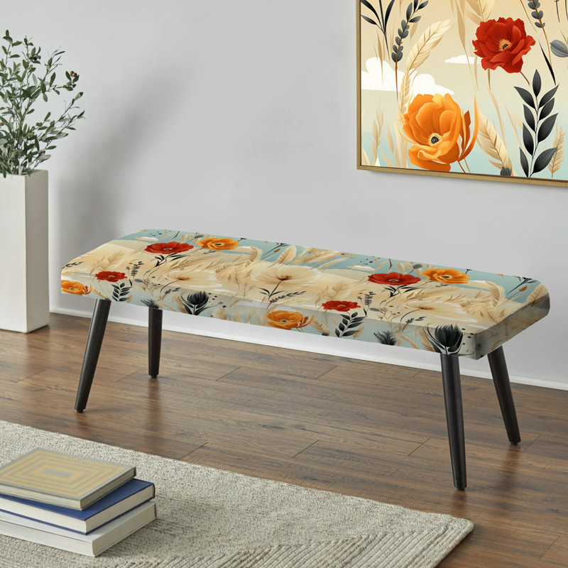 Banc rembourré Plants, Beige Meadow Flowers Boho Pattern IV