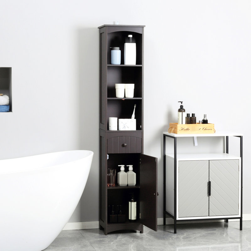 Étagère de salle de bain haute - Brun avec 3 tablettes et un tiroir pour ranger les serviettes et les accessoires