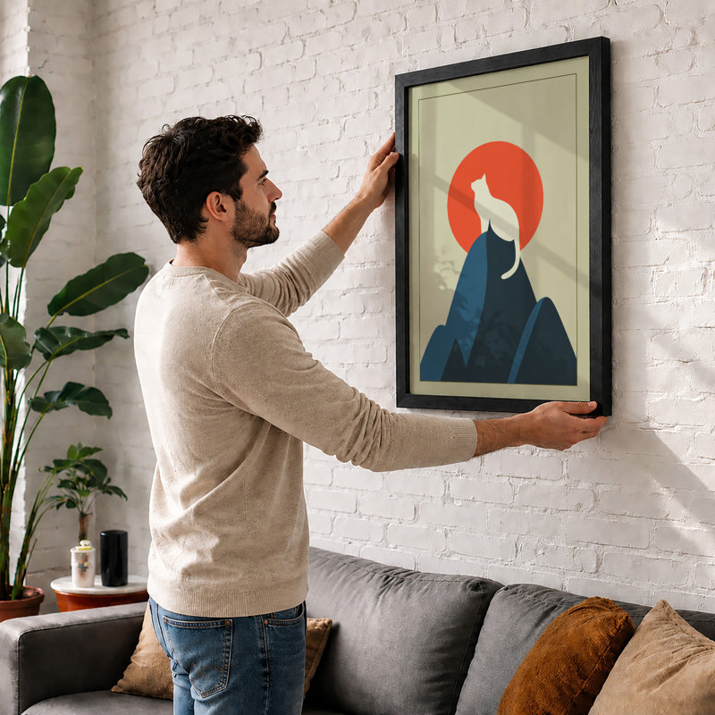 Cat at Sunrise Minimalist - Framed Print, A3 - 42.0 x 29.7 cm, Oak