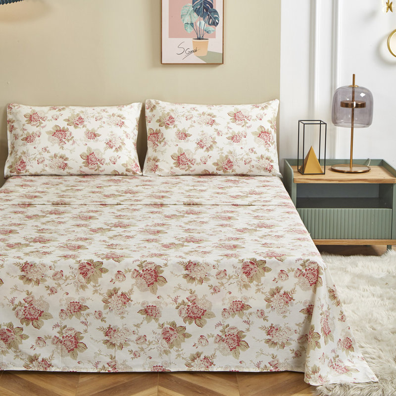 100% Cotton Floral Flat Sheet, Full Flat Sheet with 2 Pillowcases