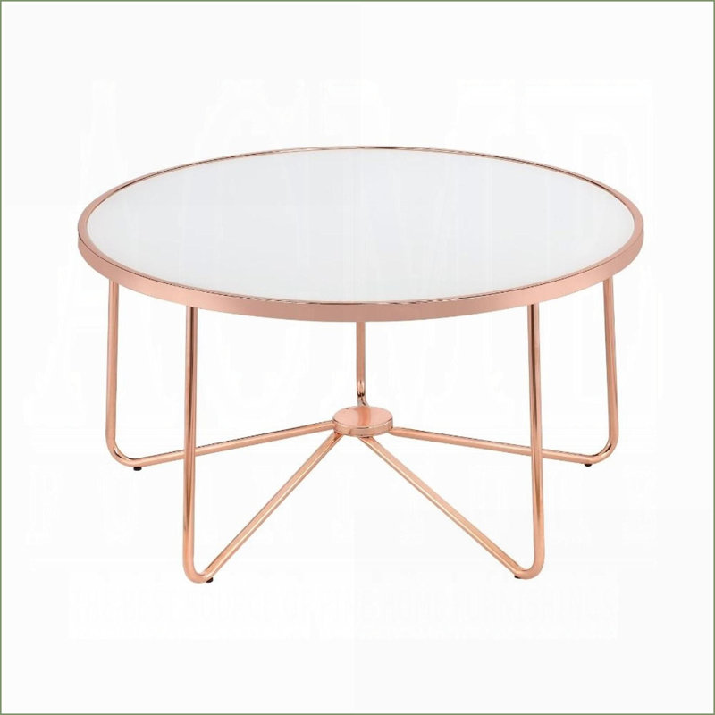 Table basse ronde en or rose avec plateau en verre givré - Décoration de salon chic, assemblage facile