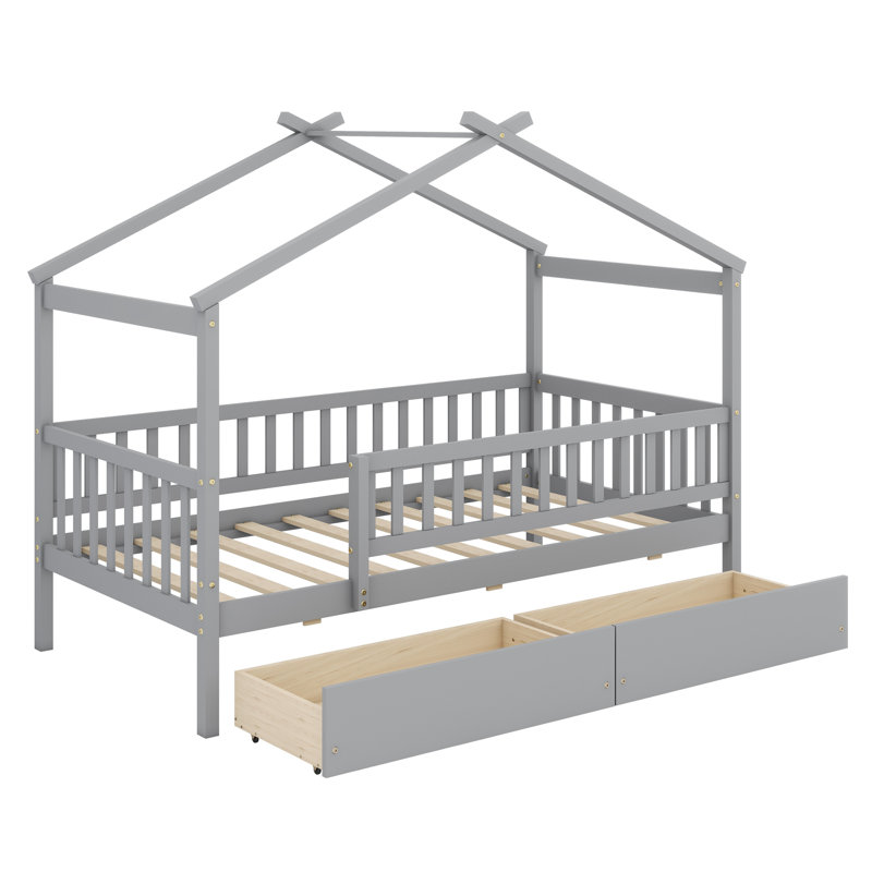 Lit en bois avec deux tiroirs, Gris