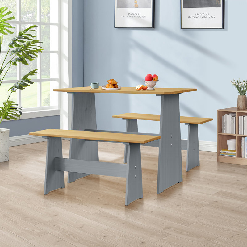 Treya 3 Piece Solid Wood Dining Set Space-Saving Kitchen Breakfast Nook, Gray