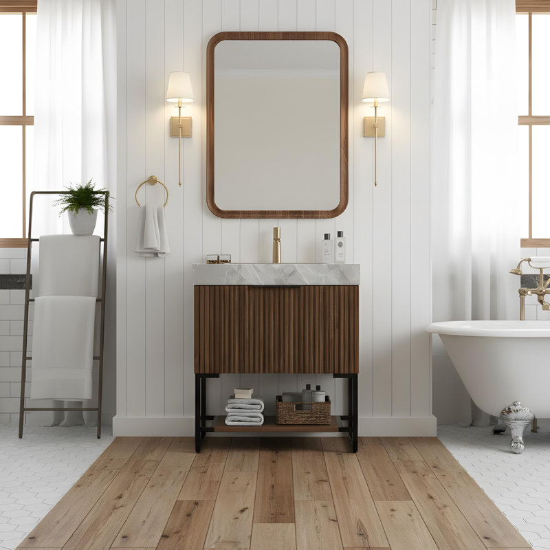 Armoire de salle de bain avec tiroir, 30", Noir / noyer foncé