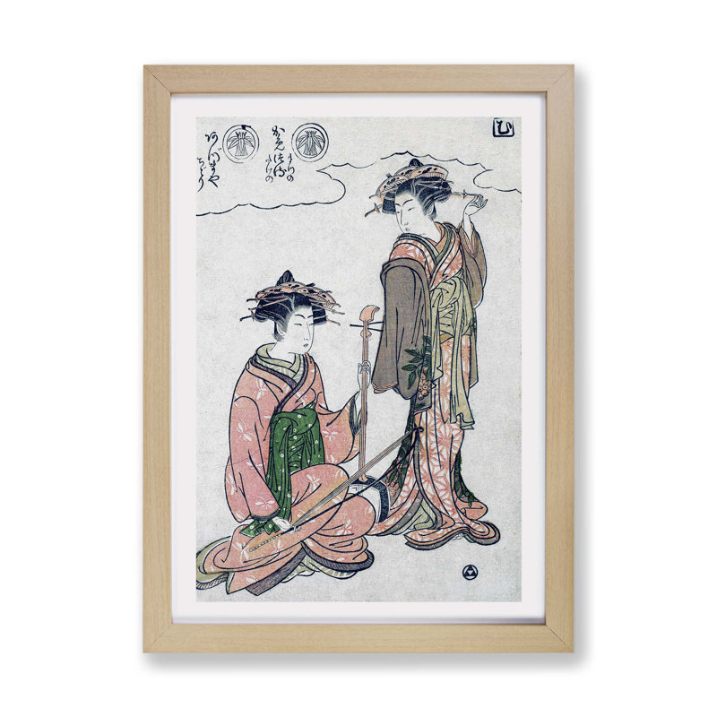Two Geisha by Isoda Koryusai - Single Picture Frame Painting, Oak, 45cm H x 63cm W x 2cm D