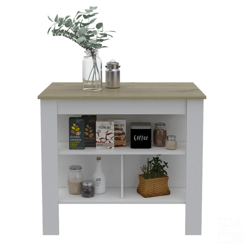 Îlot de cuisine, table de cuisine H 35 po, trois tablettes de rangement ouvertes, quatre pieds, Blanc / Chêne