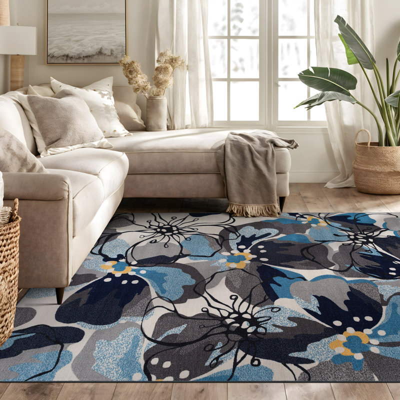 Tapis gris / argenté à poil long à motif floral Florentia, Rectangle 6 pi 6 po x 9 pi