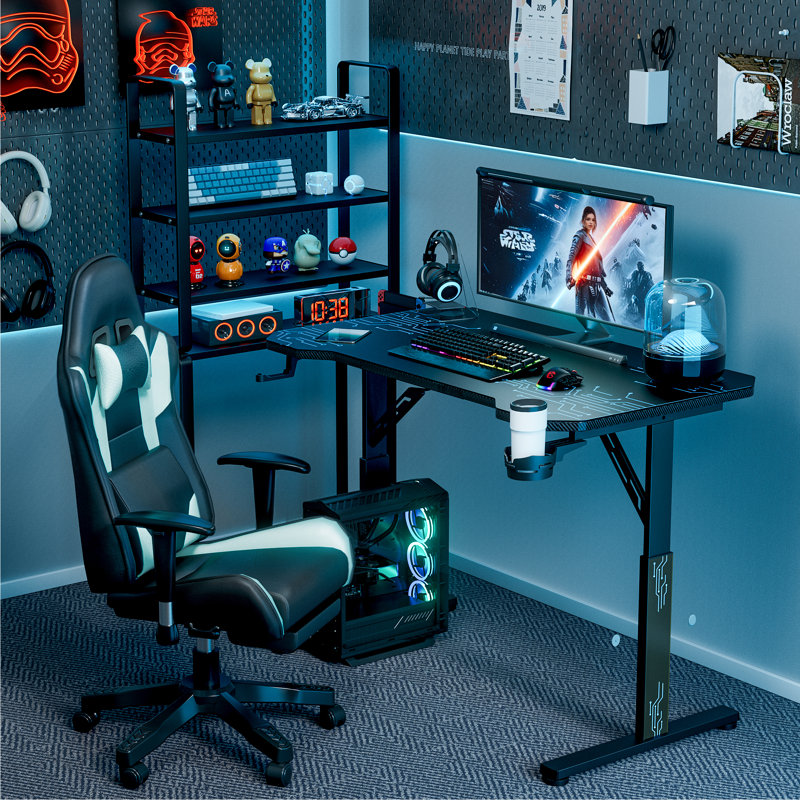 Bureau de jeu à hauteur réglable avec porte-gobelet, crochet et sous-main, H 31 po x l 47 po x P 23,6 po