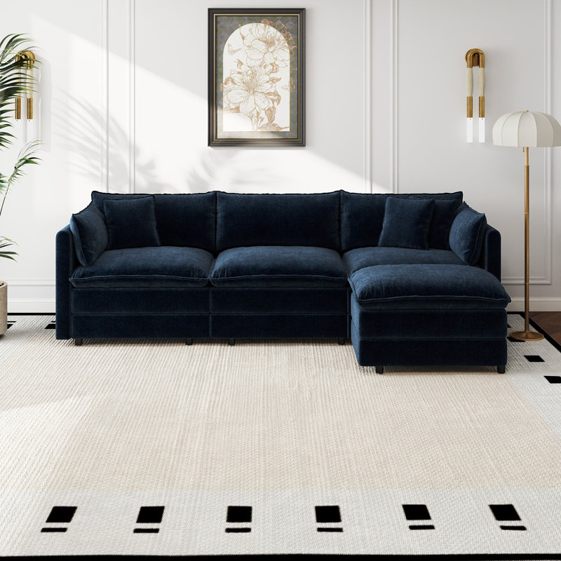 Canapé-lit en chenille moderne avec repose-pieds, Chenille bleu, H 33,85 po x l 112,2 po x P 35,82 po