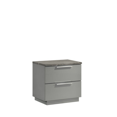 Contemporary Gray Nightstand With High-gloss Marble And Lacquer Finish, Two Drawers, Red Velvet-lined Top, Metal Legs, Wood Construction, 22.6 In Deep