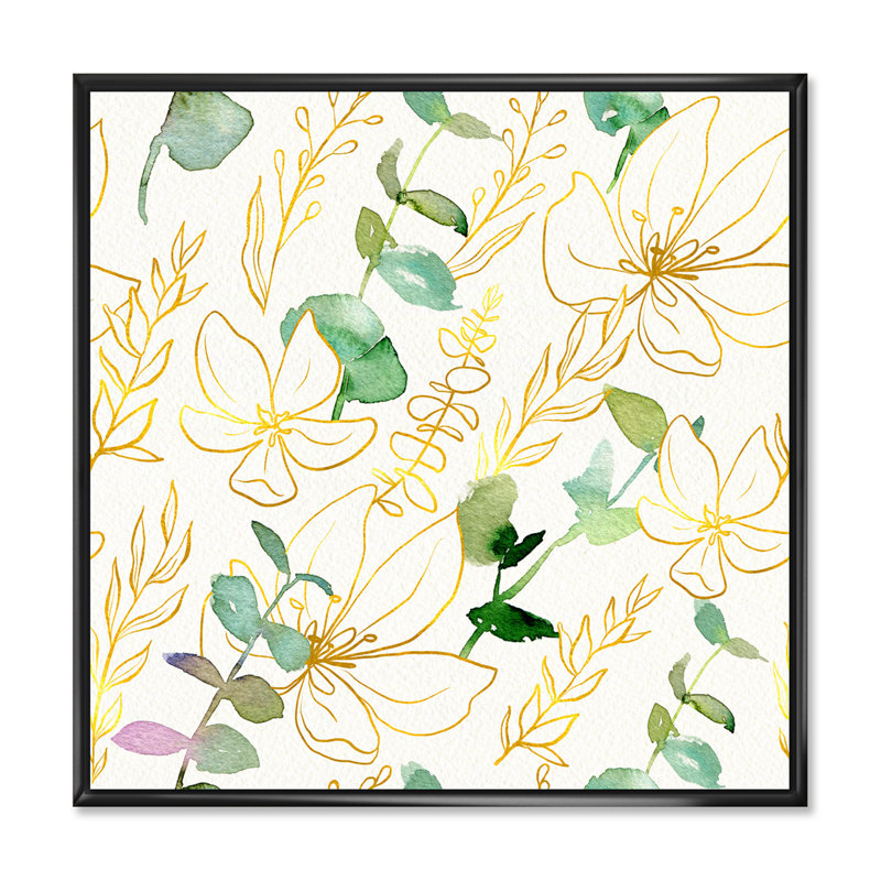 Branches d'eucalyptus jaunes et vertes - Peinture sur toile, Cadre flottant noir, H 30 po x l 30 po x P 1 po