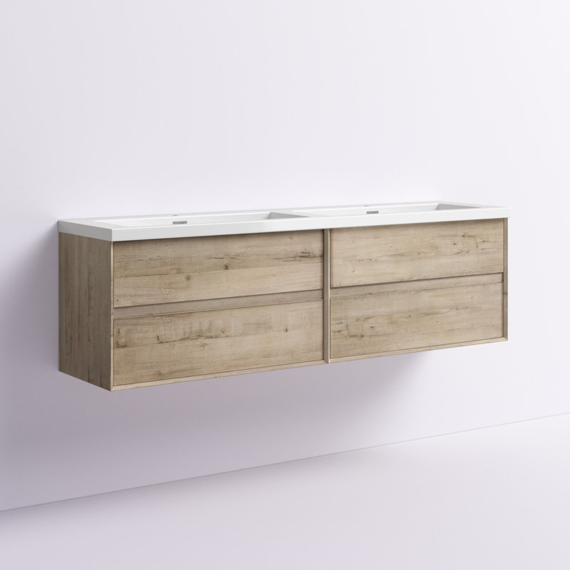 Ensemble de meuble-lavabo double mural 84 po Seavy, Chêne clair