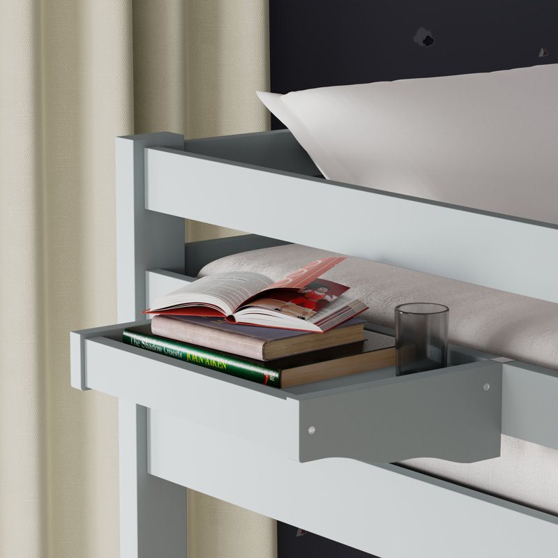 Klar Solid Wood Twin Over Twin Bunk Bed, Hanging Nightstand, and Underbed Storage Drawers, Light Gray