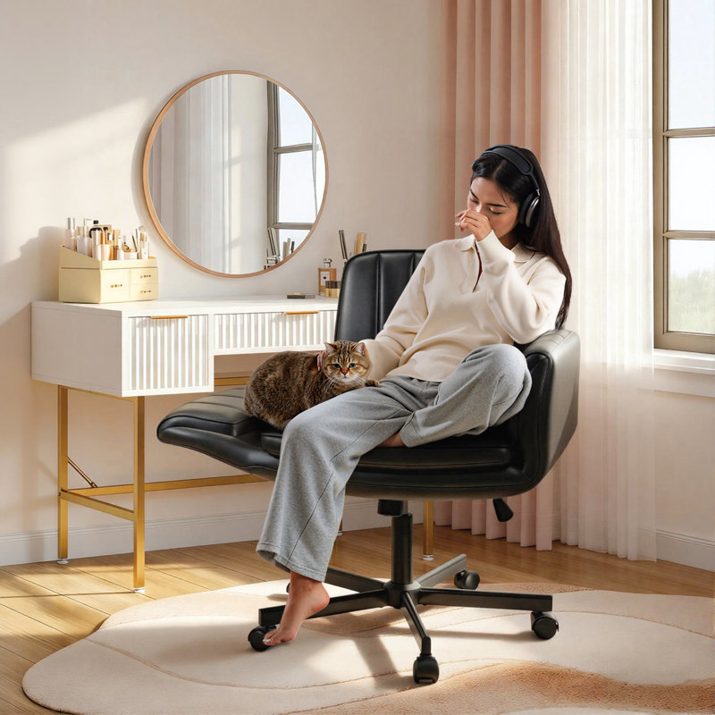 Criss Cross Legged Chair with Wheels and Armrests, Black