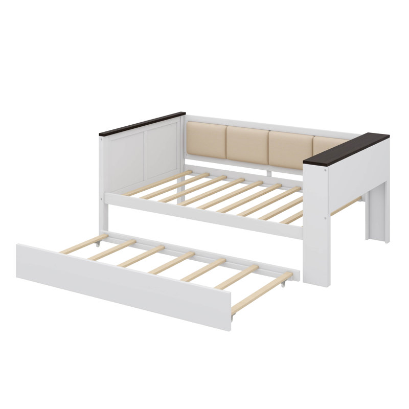 Lit de jour simple avec supports de rangement, dossier rembourré, port USB et lit gigogne, Lit simple