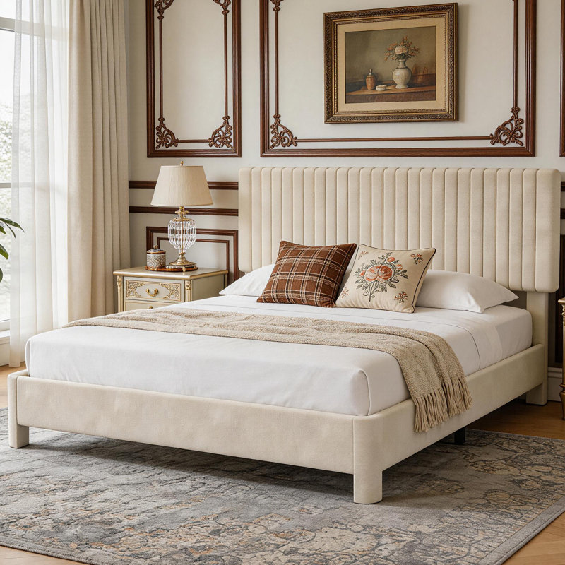 Bed Frame Upholstered Platform Bed With Fabric Headboard, Non-Slip And Noise-Free/Wooden Slats Support/No Box Spring Needed/Easy Assembly