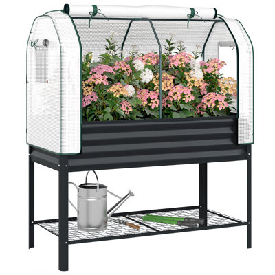 Lit de jardin surélevé galvanisé avec housse de serre, lit de jardin surélevé en métal avec pieds, doublure de lit et tablette inférieure, boîte à fleurs surélevée pour légumes, herbes, fleurs, noir