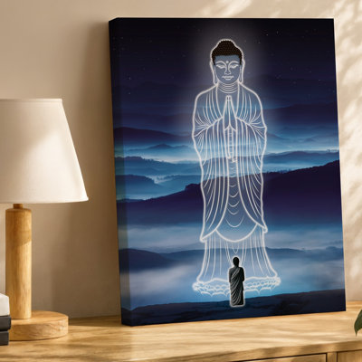 Toile, scène sereine de nuit mettant en vedette une statue de Bouddha éthéré imposante rayonnant doucement
