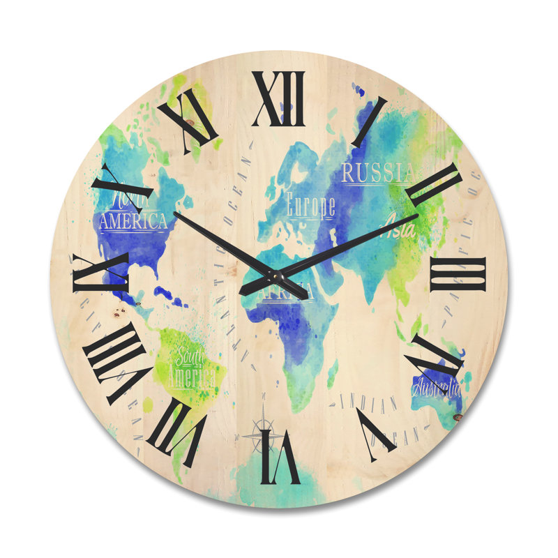 Carte du monde en vert et bleu - Horloge murale moderne en bois, Grand