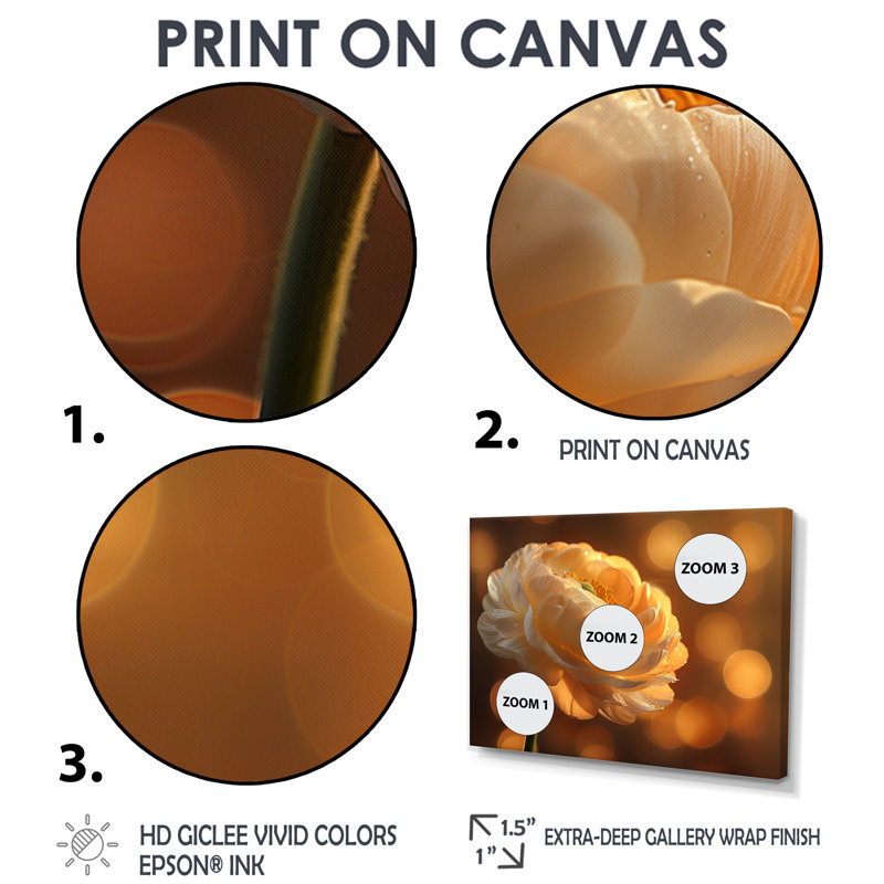 Hour Glow Golden Ranunculus - Renoncule, art mural, H 28 po x l 60 po, Cadre flottant noir