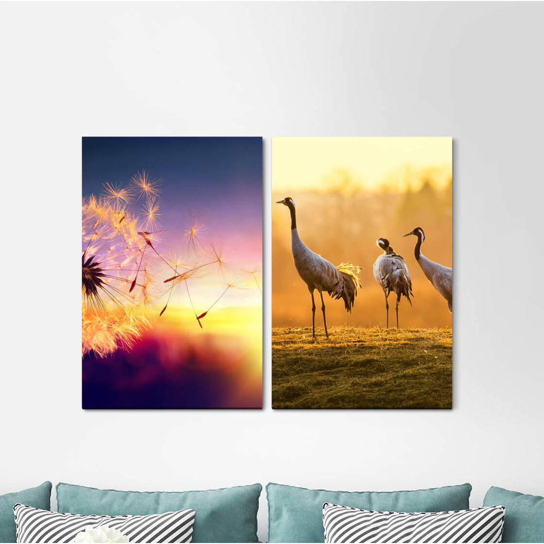 2-tlg. Leinwandbilder-Set - Fotografie „Blowball Summer Cranes Morning Dew Sunrise Nature Birds”