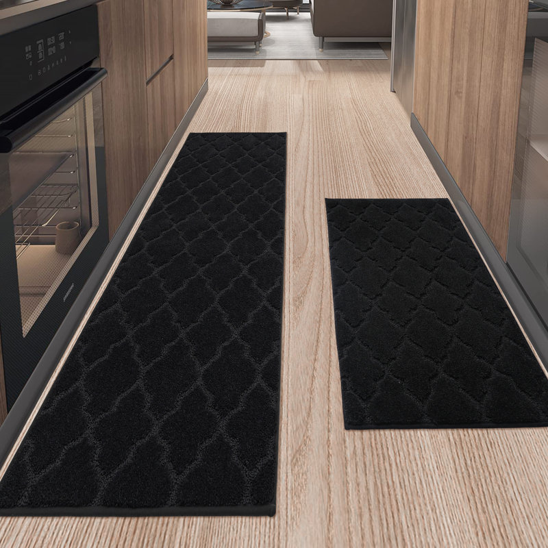 Muhd Kitchen Mat Set of 2, Rectangle 2' x 3'+ 2' x 5', Black