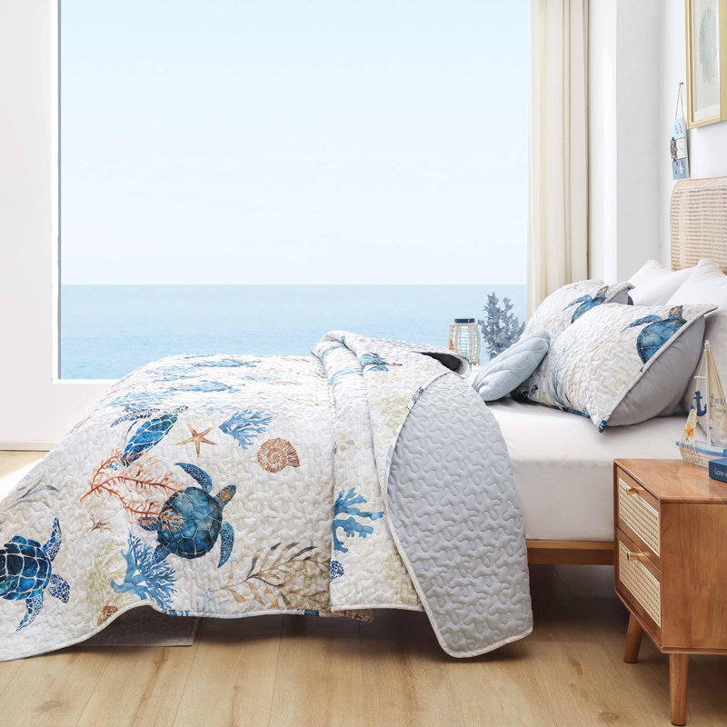 Weigelia Coastal Quilt Set 3 Pieces - Bedding Lightweight Ocean Print Quilt With Two Pillowcases, Sage Green Turtle