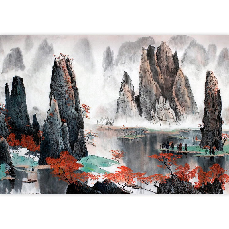 Murale encre, paysage brumeux et eau, L 100 po x l 144 po