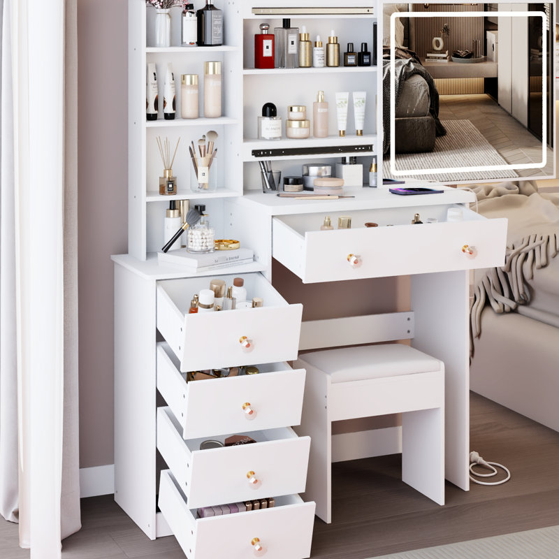 Coiffeuse de taille moyenne (94 cm) avec tabouret rembourré, 2 prises secteur + 2 prises électriques, support pour sèche-cheveux, grand miroir coulissant tactile à DEL (61 x 56 cm) avec 3 couleurs, conforme aux normes UL, style américain