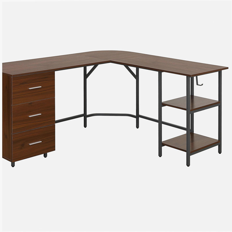 Bureau à deux tons en forme de L avec rangement, couleur noyer
