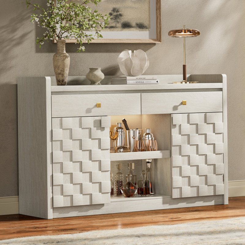 55" Sideboard Buffet Cabinet with Charging Station & LED Light, Coffee Bar Cabinet with Drawers, Pull-Out Shelf & Door Rack, Modern Storage Cabinet for Kitchen, Dining Room