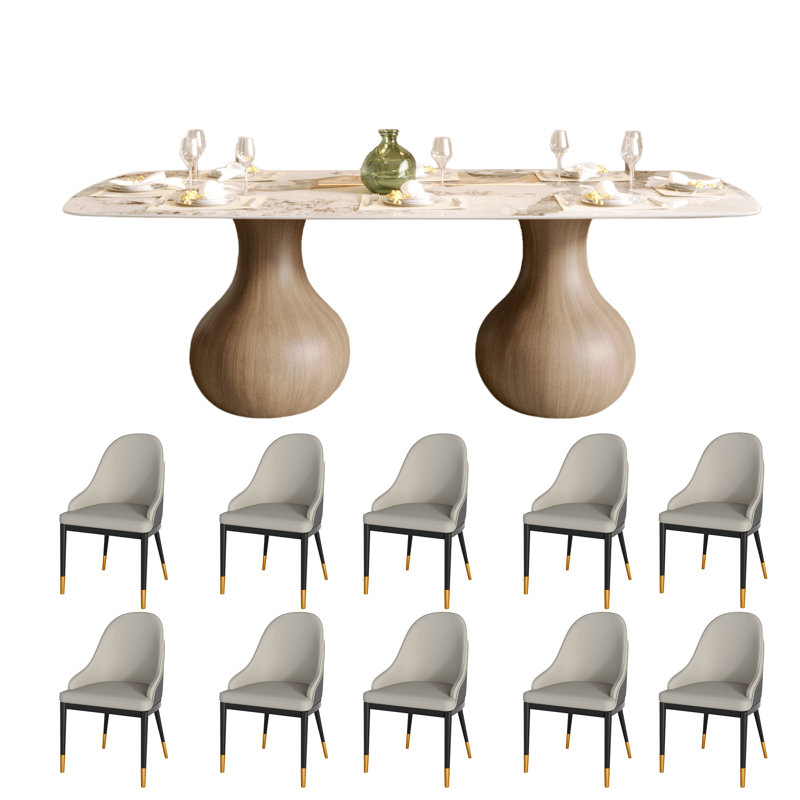 Modern 8/10/12 People Dining Room Set, Pre-Assembly Rectangular Dining Table, Sintered Stone Tabletop & Trestle Pedestal, Upholstered PU Leather Chairs