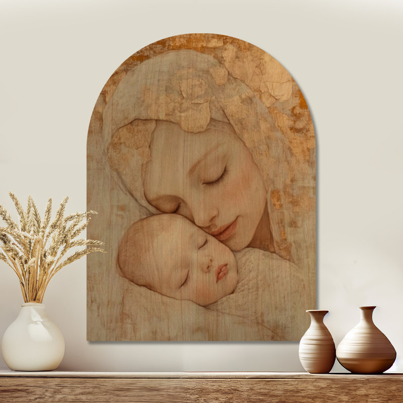 «Mother and Child in Tender Light» - Décoration murale arquée en bois moderne, 40" H x 30" W, Arche