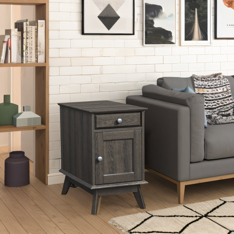 Alingtons 24.4" End Table - Storage Nightstand with Built-In Outlets, Smoke Oak
