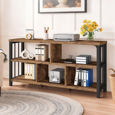 Horizontal Bookshelf, Modern Cube Storage Organizer Bookcase Wide Bookshelves, Industrial Wood Metal Book Shelf, Cube Shelf for Office Home Living Room