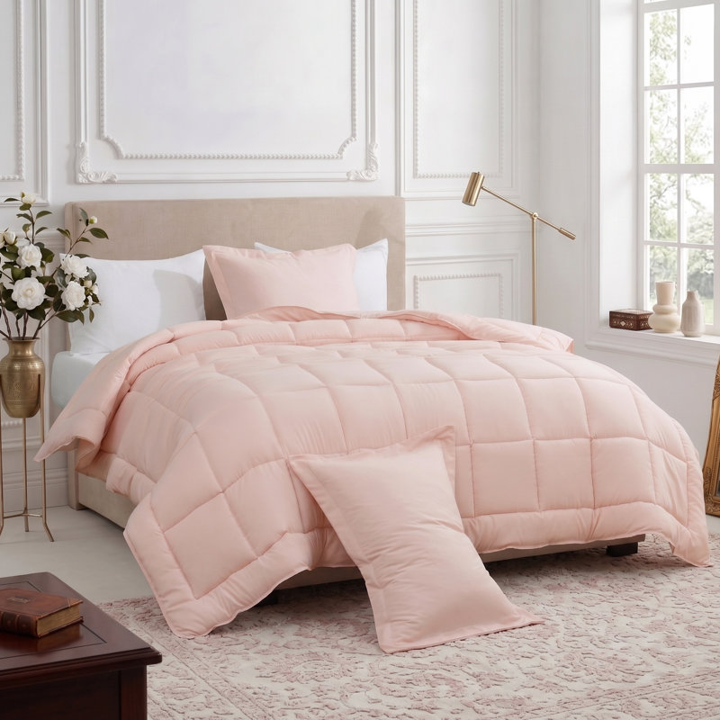 Ensemble de couette matelassée unie 3 pièces, couleur pêche, grand lit, Lit double, Pêche