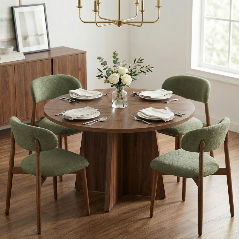 Amarachi 47’’ Round Wood Dining Table With Upholstered Chairs, Kitchen Dining Room Furniture Set, Dark Brown, Green