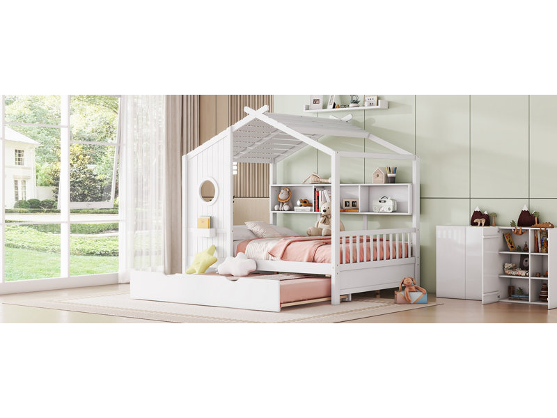 Contemporary Wooden House Bed with Trundle and Storage Shelves, White, Full