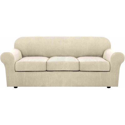 4 Piece Stretch Couch Covers For 3 Cushion Couch Sofa Furniture Slipcovers Feature Upgraded Thicker Jacquard Fabric (Sofa, Natural)